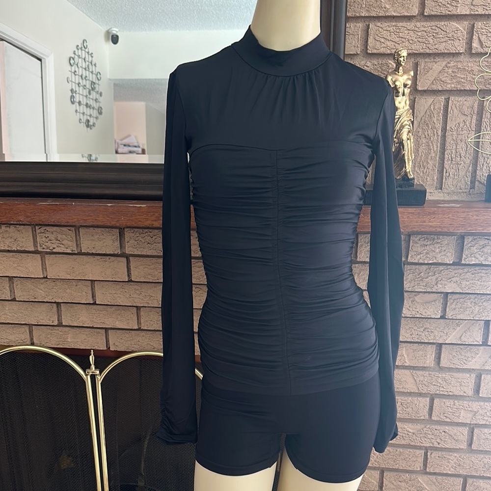 Rachel Parcell Black Fitted Ruched Bodysuit